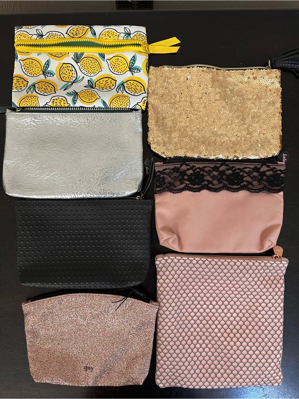 IPSY (7) Assorted Cosmetic Bags Pink, Black, Gold, Silver, Lemon Print
